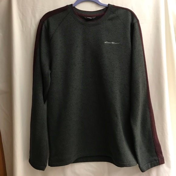 GUC Eddie Bauer Fleece Lined Crewneck Pullover Gray with Burgundy Stripe